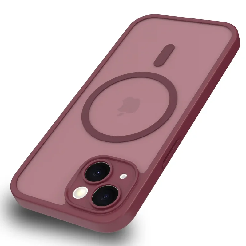 Etui iPhone 15 MagSafe bordowe matowe z podwyższonym rantem aparatu i półtransparentnym tyłem