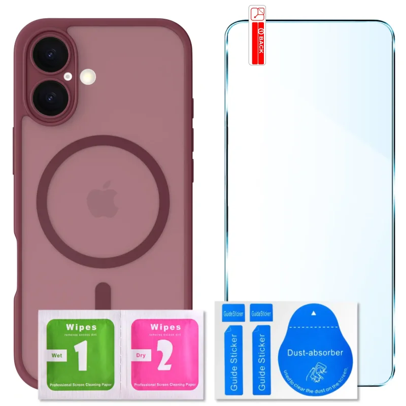 Zestaw etui MagSafe do iPhone 16 bordowe + szkło hartowane 9H i akcesoria montażowe