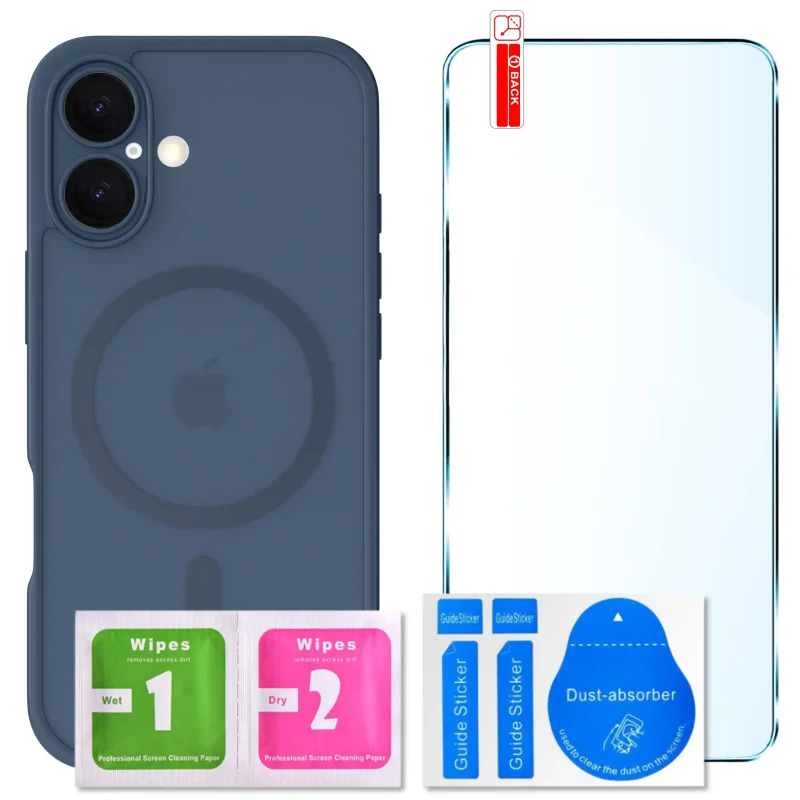 Zestaw etui MagSafe do iPhone 16 granatowe + szkło hartowane 9H i akcesoria montażowe