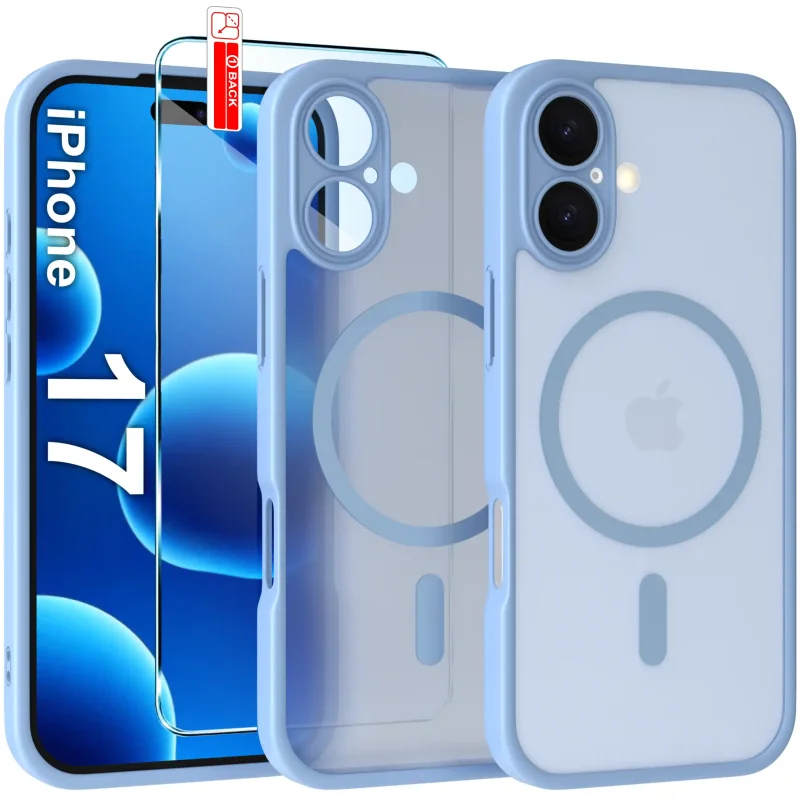Etui iPhone 17 MagSafe niebieskie matowe z podwyższonym rantem aparatu i półtransparentnym tyłem