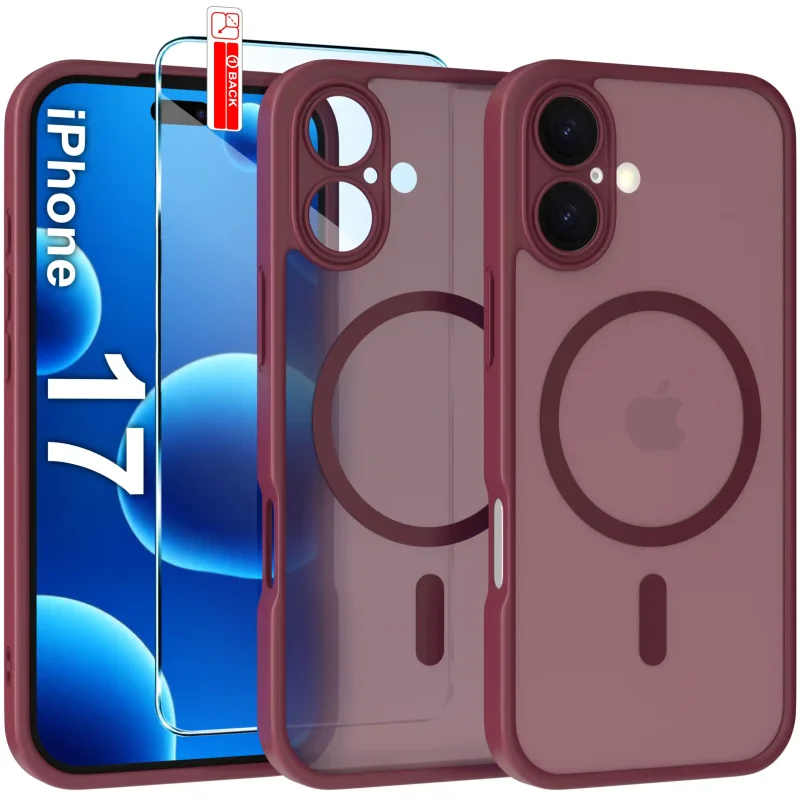 Etui iPhone 17 MagSafe bordowe matowe z podwyższonym rantem aparatu i półtransparentnym tyłem