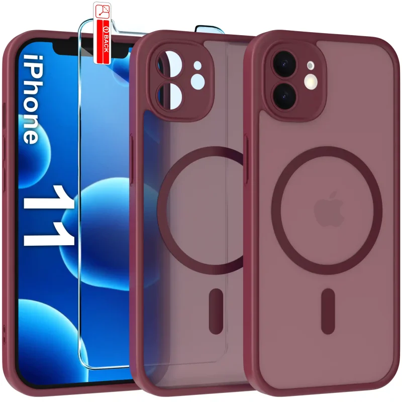 Etui iPhone 11 MagSafe bordowe matowe z podwyższonym rantem aparatu i półtransparentnym tyłem