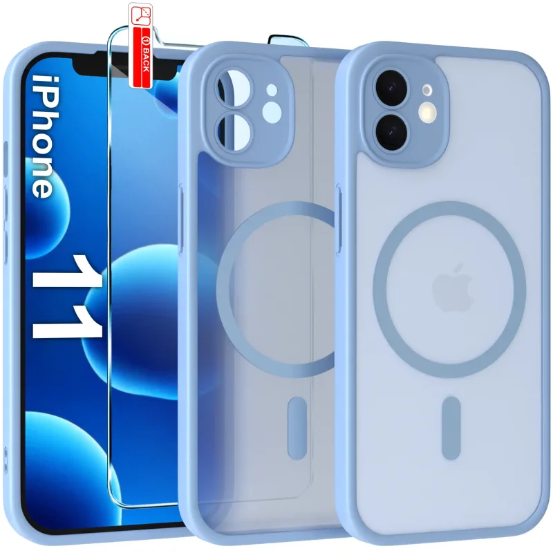 Etui iPhone 11 MagSafe niebieskie matowe z podwyższonym rantem aparatu i półtransparentnym tyłem