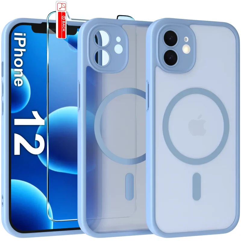 Etui iPhone 12 MagSafe niebieskie matowe z podwyższonym rantem aparatu i półtransparentnym tyłem