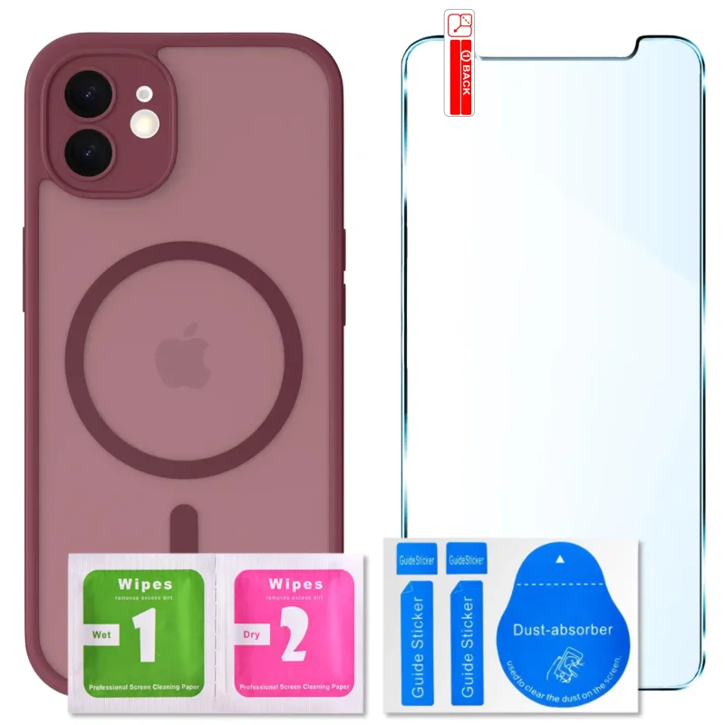 Zestaw etui MagSafe do iPhone 12 bordowe + szkło hartowane 9H i akcesoria montażowe