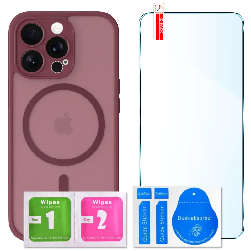 Zestaw etui MagSafe do iPhone 14 Pro bordowe + szkło hartowane 9H i akcesoria montażowe
