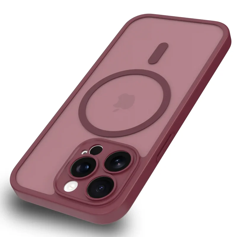 Etui iPhone 15 Pro MagSafe bordowe matowe z podwyższonym rantem aparatu i półtransparentnym tyłem
