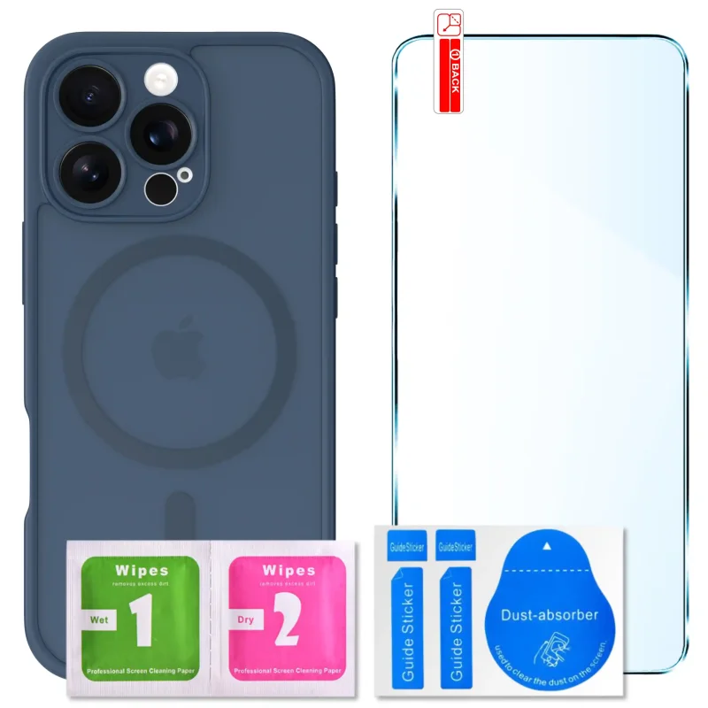 Zestaw etui MagSafe do iPhone 16 Pro granatowe + szkło hartowane 9H i akcesoria montażowe