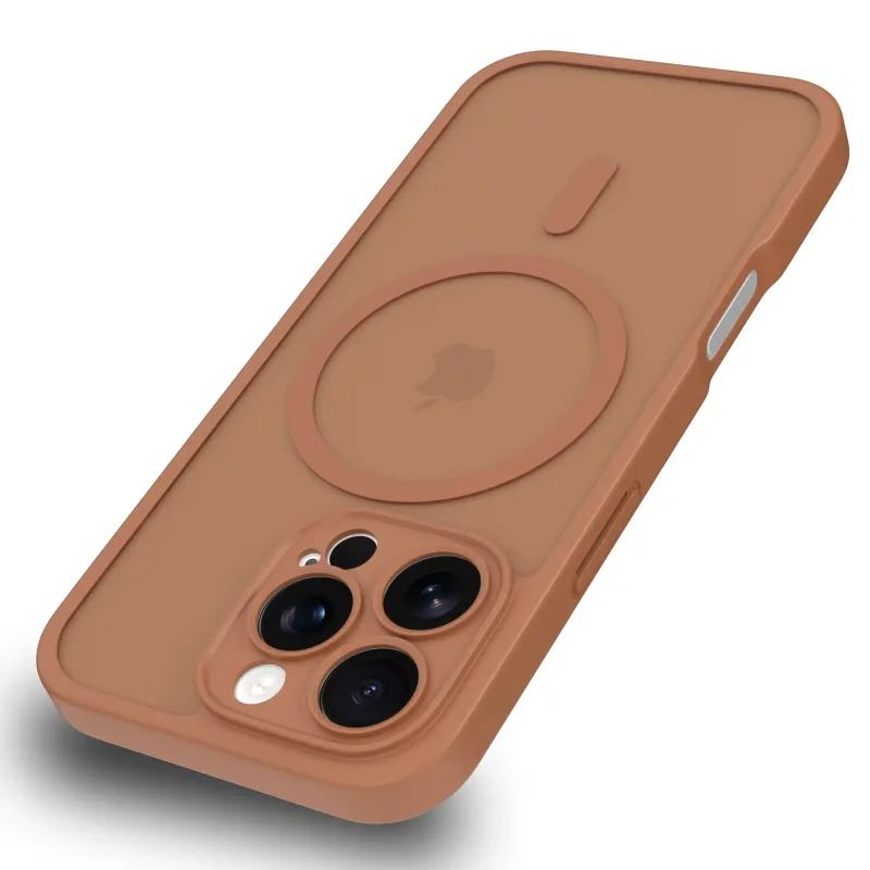 Etui iPhone 16 Pro Max MagSafe brązowe matowe z podwyższonym rantem aparatu i półtransparentnym tyłem