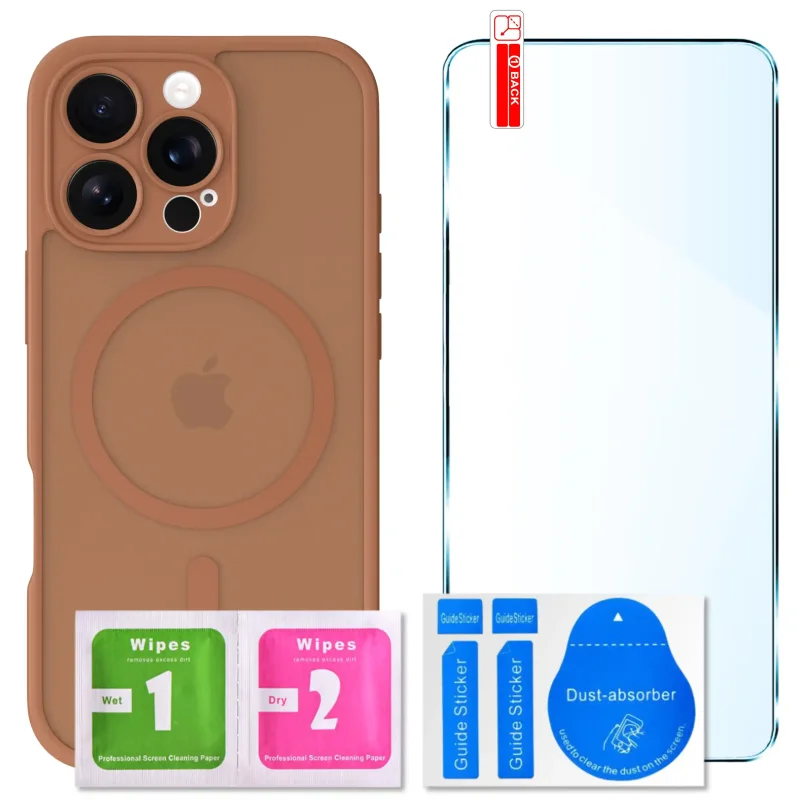Zestaw etui MagSafe do iPhone 16 Pro Max brazowe + szkło hartowane 9H i akcesoria montażowe