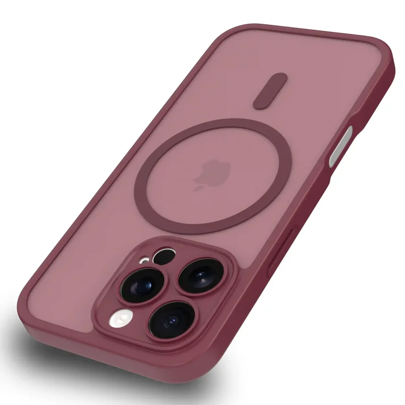 Etui iPhone 16 Pro Max MagSafe bordowe matowe z podwyższonym rantem aparatu i półtransparentnym tyłem