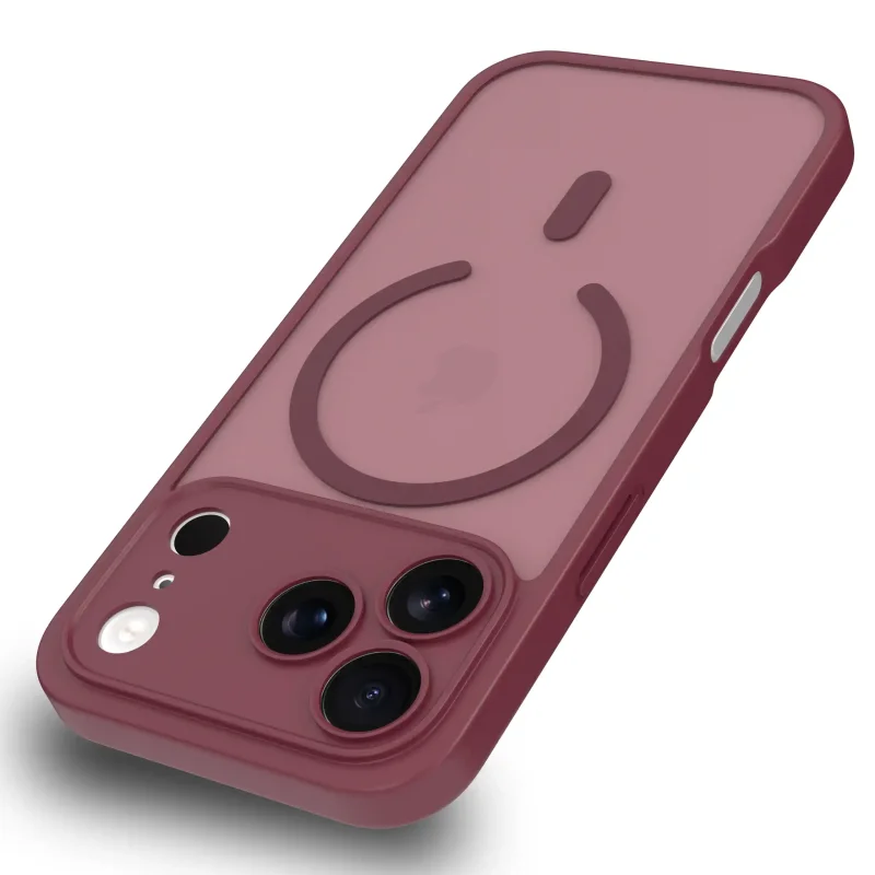 Etui iPhone 17 Pro MagSafe bordowe matowe z podwyższonym rantem aparatu i półtransparentnym tyłem