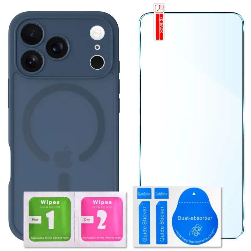 Zestaw etui MagSafe do iPhone 17 Pro granatowe + szkło hartowane 9H i akcesoria montażowe