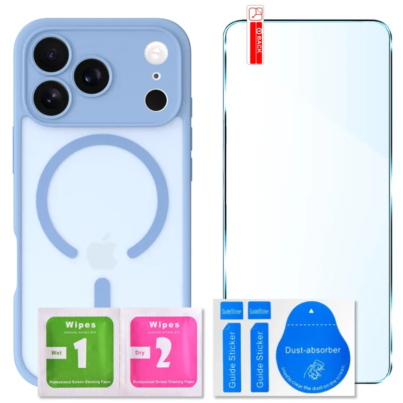 Zestaw etui do MagSafe do iPhone 17 Pro / 18 Pro niebieskie + szkło hartowane 9H i akcesoria montażowe