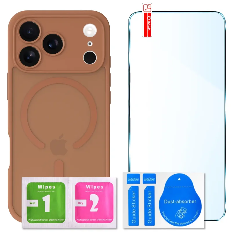 Zestaw etui MagSafe do iPhone 17 Pro Max brązowe + szkło hartowane 9H i akcesoria montażowe