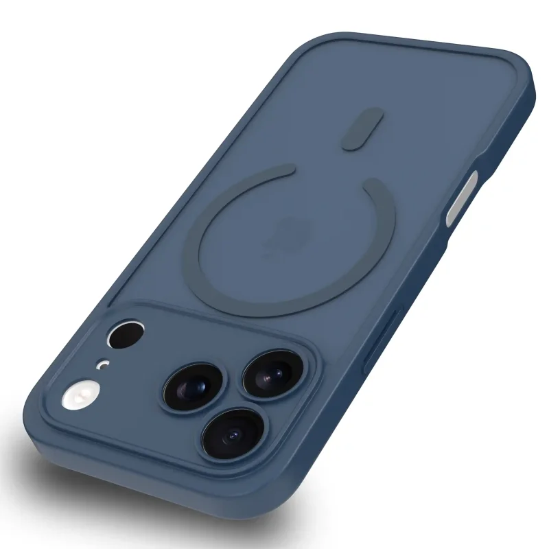 Etui iPhone 17 Pro Max MagSafe granatowe matowe z podwyższonym rantem aparatu i półtransparentnym tyłem