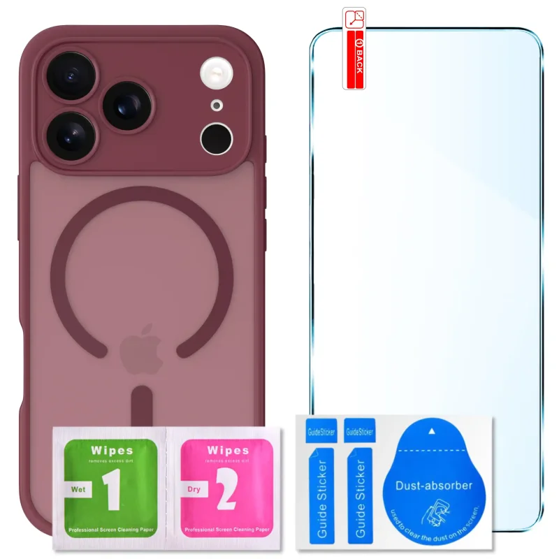 Zestaw etui MagSafe do iPhone 17 Pro Max bordowe + szkło hartowane 9H i akcesoria montażowe