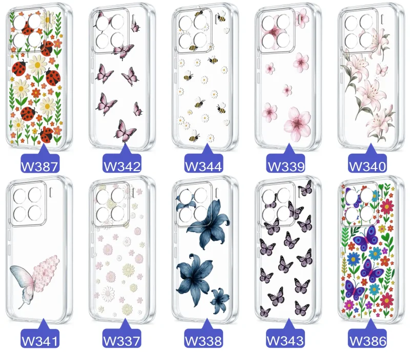 Kolekcja etui wiosennych Xiaomi 15 Pro – różnorodne wzory kwiatki, motylki, pszczółki, biedronki na przezroczystym case