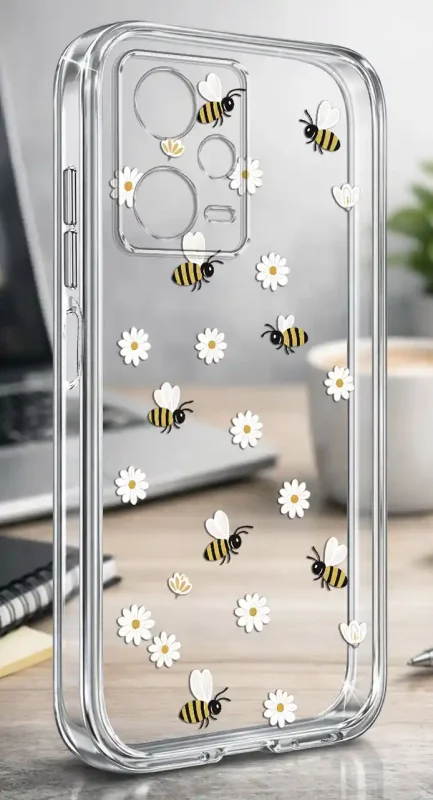 Przezroczyste etui wiosna Xiaomi Redmi Note 12 5G nadruk pszczółek i stokrotek