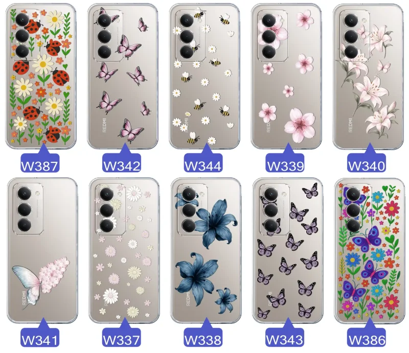 Kolekcja etui wiosennych Xiaomi Redmi 15 4G | 5G – różnorodne wzory kwiatki, motylki, pszczółki, biedronki na przezroczystym case