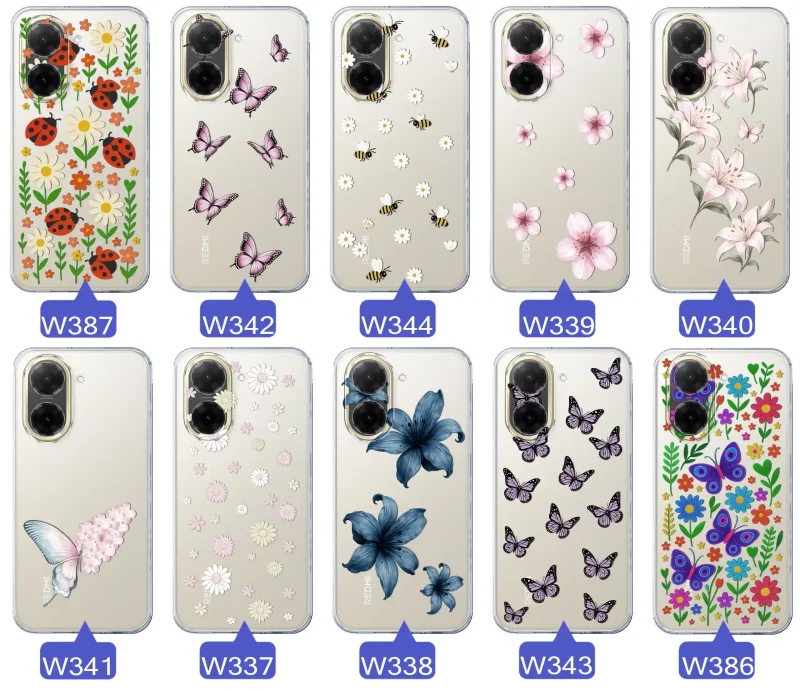 Kolekcja etui wiosennych Xiaomi Redmi A5 – różnorodne wzory kwiatki, motylki, pszczółki, biedronki na przezroczystym case