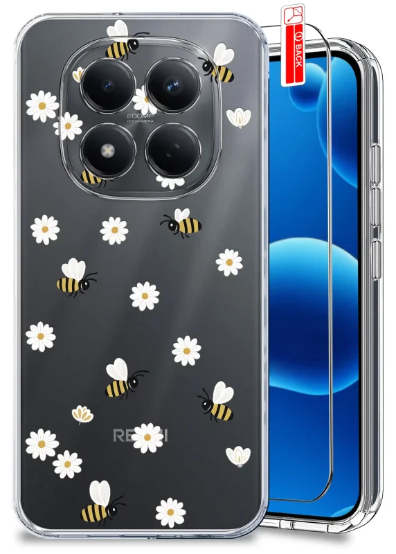 Etui wiosenne do Xiaomi Redmi Note 15 Pro 4G przezroczyste ze wzorem pszczółek i stokrotek