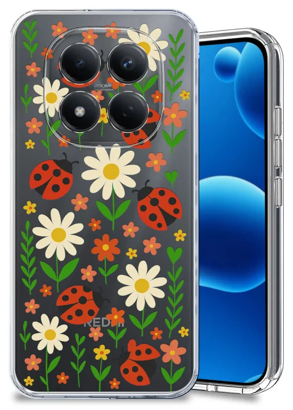 Etui wiosenne do Xiaomi Redmi Note 15 Pro+ Plus 5G przezroczyste ze wzorem biedronek i kwiatów