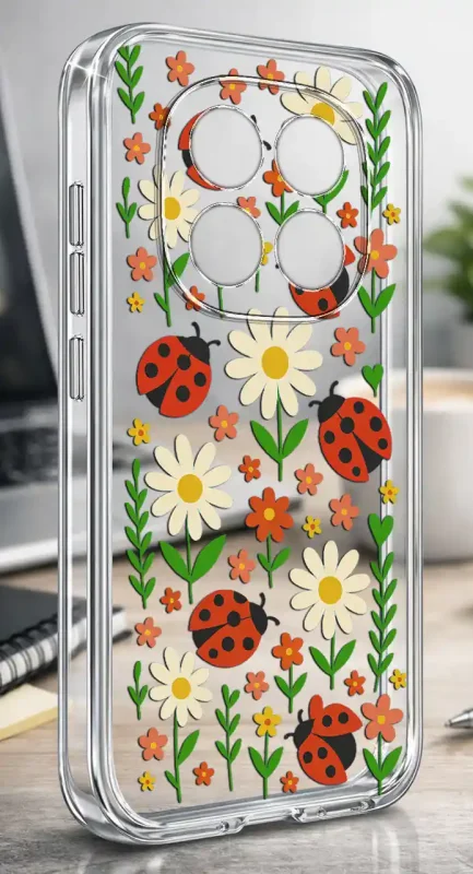 Przezroczyste etui wiosna Xiaomi Redmi Note 15 Pro+ Plus 5G kolorowy nadruk biedronek i roślin