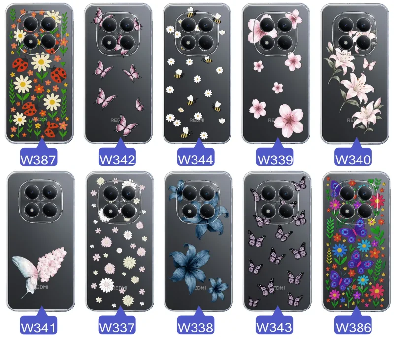 Kolekcja etui wiosennych Xiaomi Redmi Note 15 Pro+ Plus 5G – różnorodne wzory kwiatki, motylki, pszczółki, biedronki na przezroczystym case