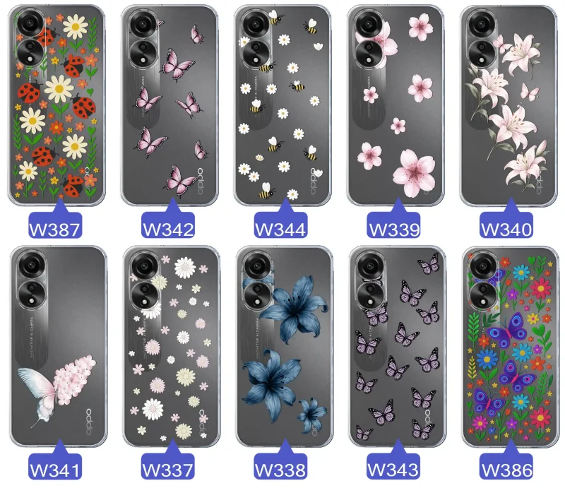 Kolekcja etui wiosennych Oppo A78 4G – różnorodne wzory kwiatki, motylki, pszczółki, biedronki na przezroczystym case