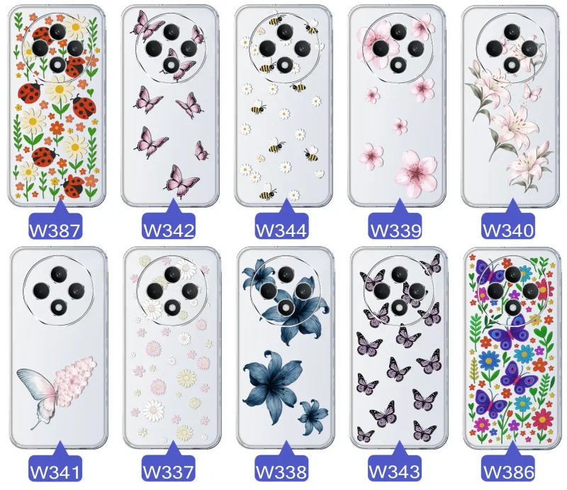 Kolekcja etui wiosennych Oppo Reno 12 F / 12 FS 4G / 5G – różnorodne wzory kwiatki, motylki, pszczółki, biedronki na przezroczystym case