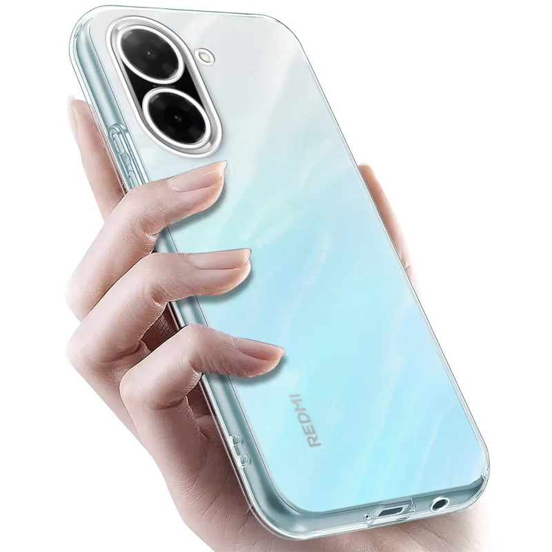 Xiaomi Redmi A5 w przezroczystym etui TPU – widok z tyłu, telefon trzymany w dłoni