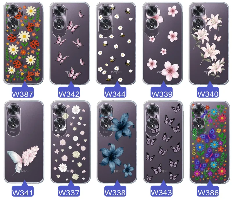 Kolekcja etui wiosennych Oppo A60 4G – różnorodne wzory kwiatki, motylki, pszczółki, biedronki na przezroczystym case