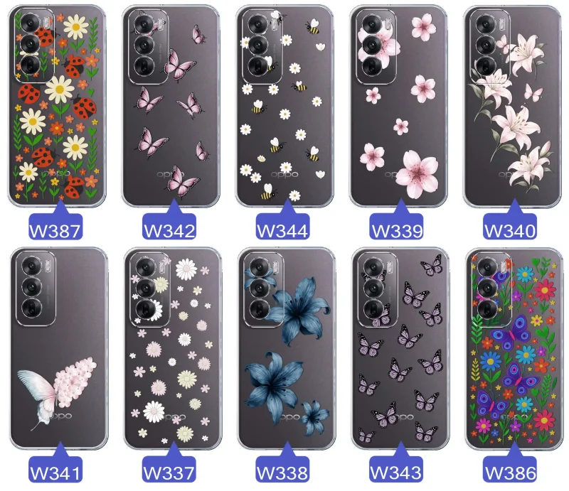 Kolekcja etui wiosennych Oppo Reno 12 5G – różnorodne wzory kwiatki, motylki, pszczółki, biedronki na przezroczystym case