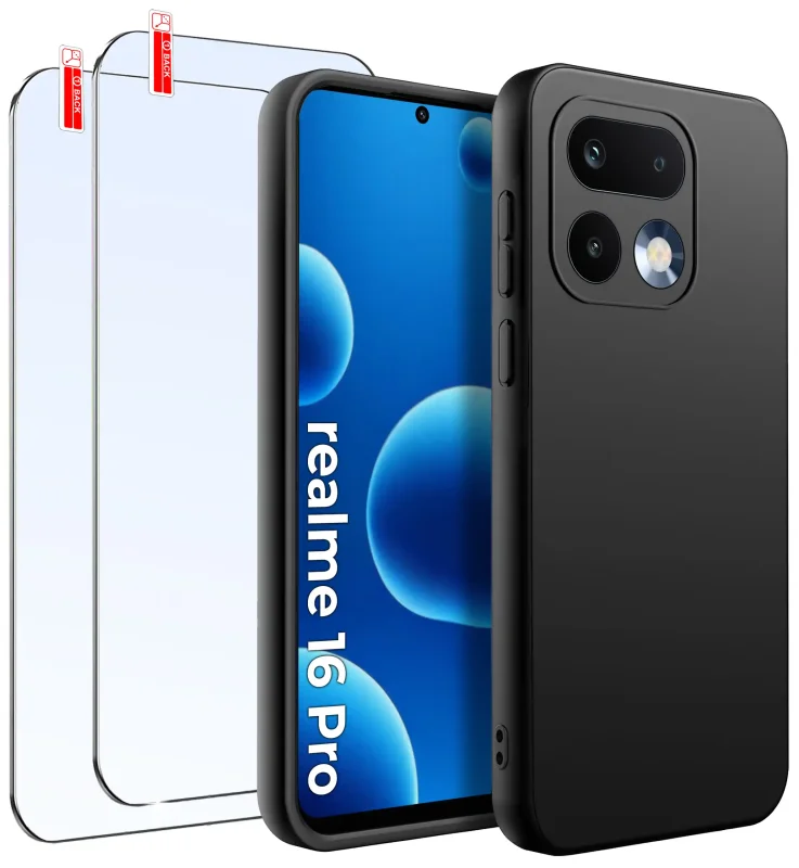 Czarny silikonowy case do Realme 16 Pro 5G z dwoma szkłami hartowanymi