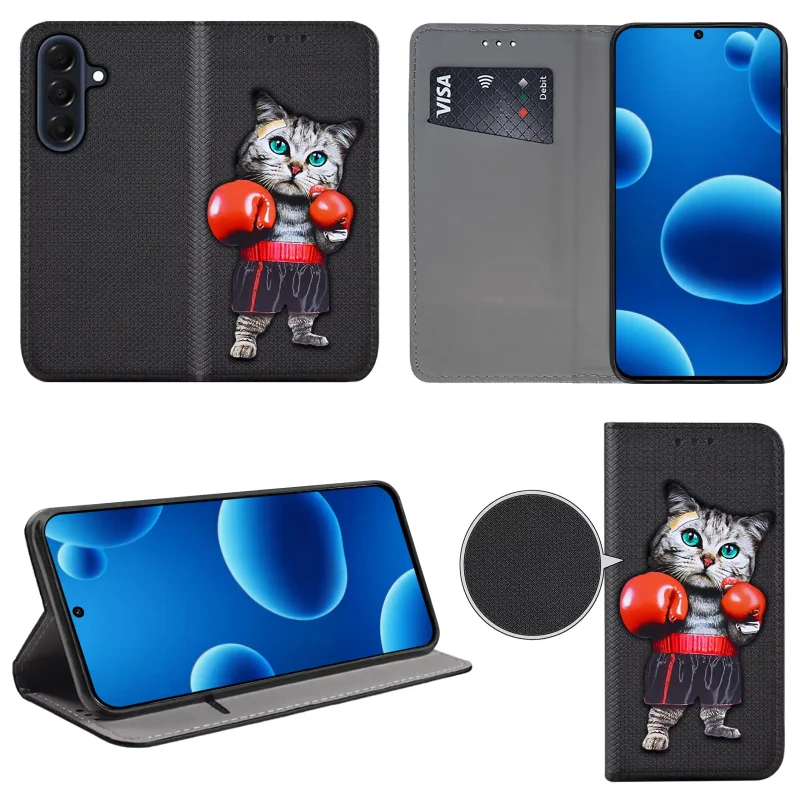 Etui książkowe do Samsung Galaxy A57 5G z kotem, widok przodu i tyłu, kieszonka na kartę oraz funkcja podstawki