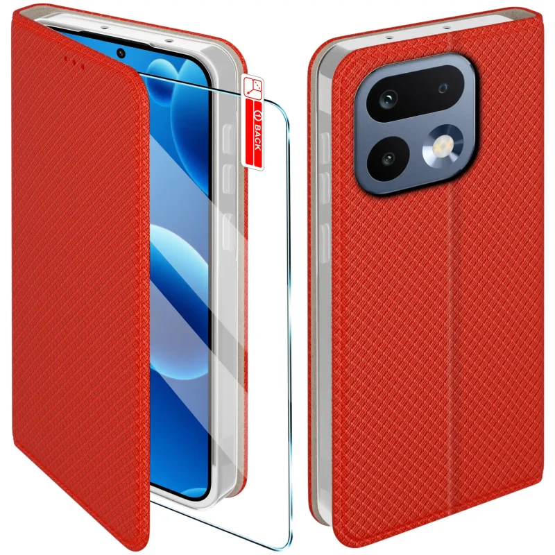 Czerwone etui z klapką do Realme 16 Pro 5G ze szkłem hartowanym – widok przodu i tyłu z elegancką, teksturowaną powierzchnią