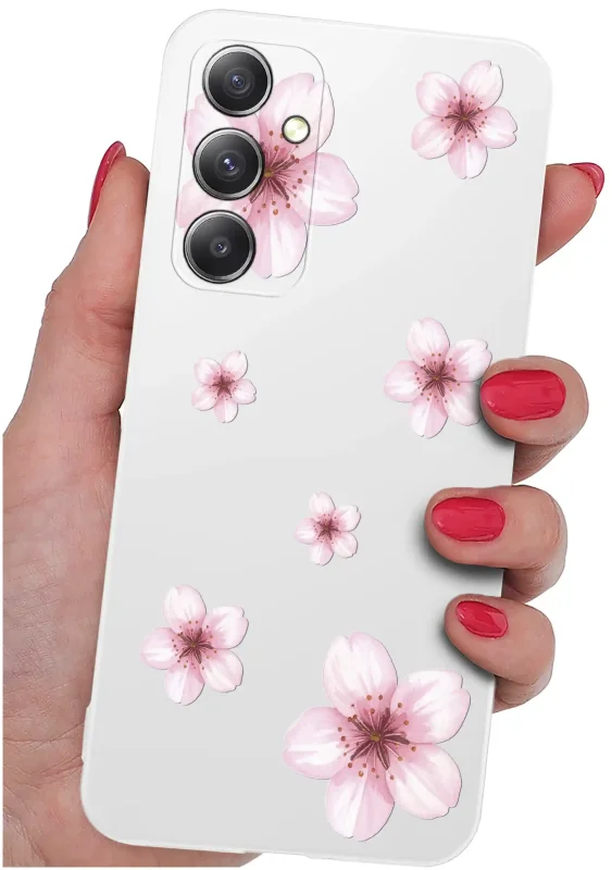 Etui wiosenne do Samsung Galaxy A34 5G w kwiatki - białe etui w dłoni