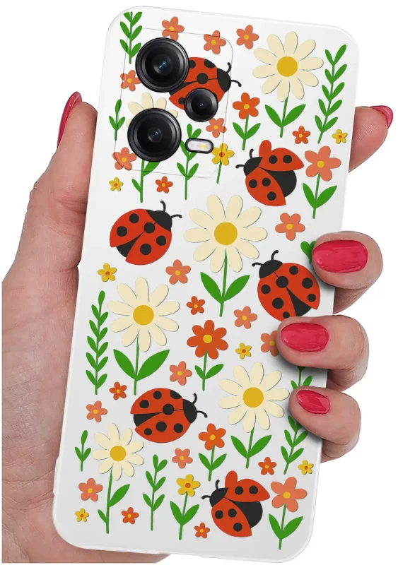 Etui wiosenne do Xiaomi Redmi Note 12 Pro 5G case z motywem biedronek, stokrotek i kwiatów, prezentacja w dłoni