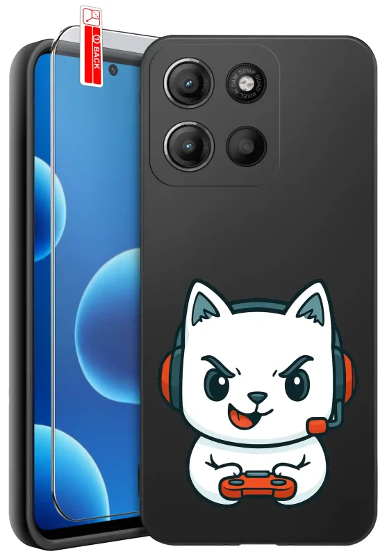 Etui dla gracza do Motorola Moto G15 / G15 Power z nadrukiem białego kota w słuchawkach gamingowych trzymającego pada