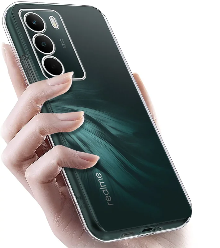 Realme C71 w przezroczystym etui TPU – widok z tyłu, telefon trzymany w dłoni