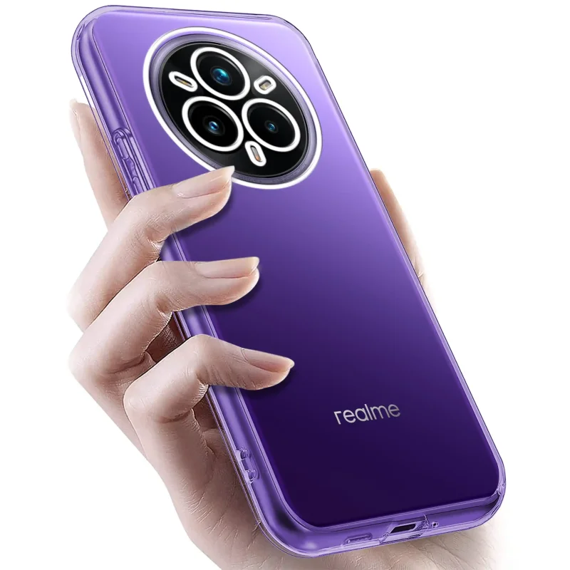 Realme 14 Pro+ Plus 5G w przezroczystym etui TPU – widok z tyłu, telefon trzymany w dłoni