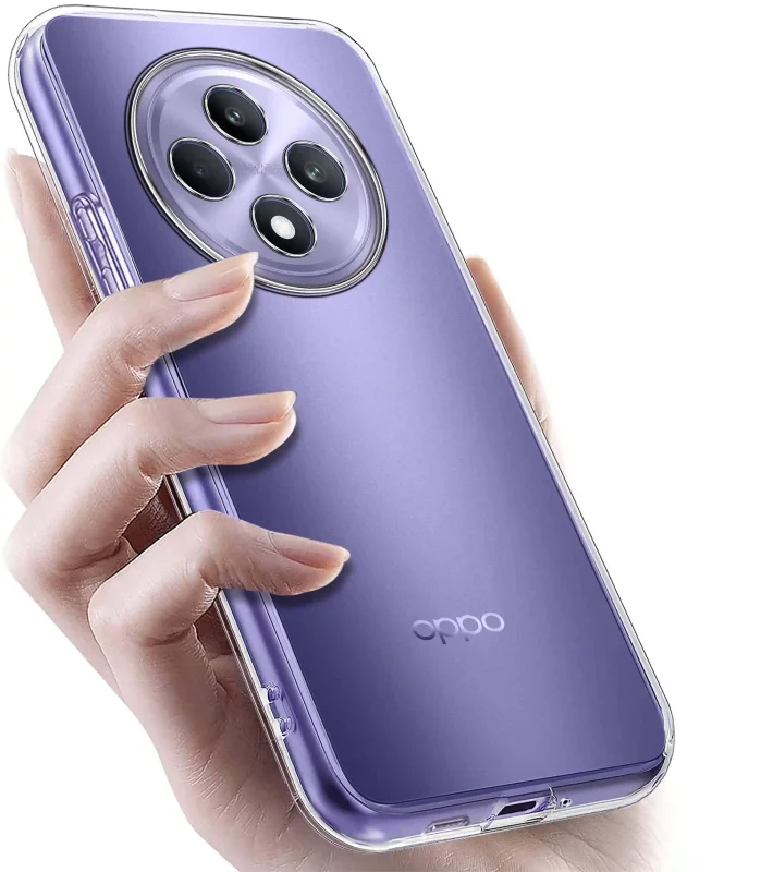 Oppo Reno 12 F / FS w przezroczystym etui TPU – widok z tyłu, telefon trzymany w dłoni
