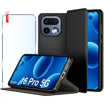 Etui do Realme 16 Pro 5G czarne magnetyczne zamykane ze szkłem
