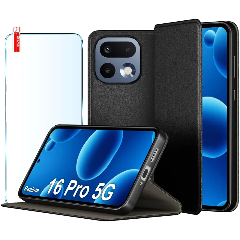 Etui z klapką skórzane Realme 16 Pro 5G czarne zestaw ze szkłem hartowanym