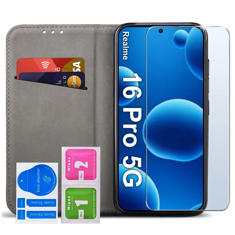 Realme 16 Pro 5G w etui z klapką skórzanym - wnętrze kieszonka na kartę i szkło hartowane