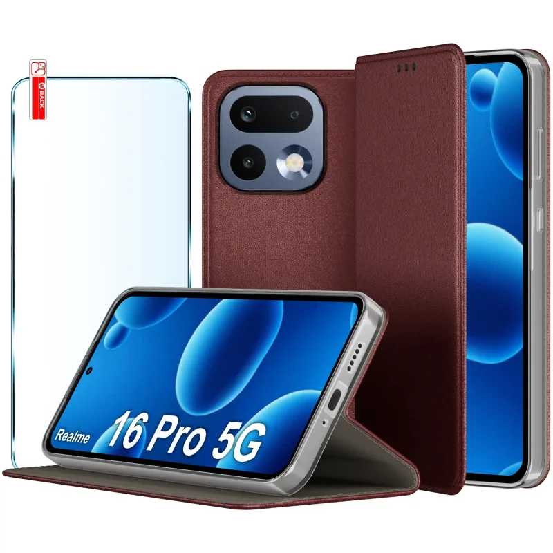 Etui z klapką skórzane Realme 16 Pro 5G burgundowe zestaw ze szkłem hartowanym
