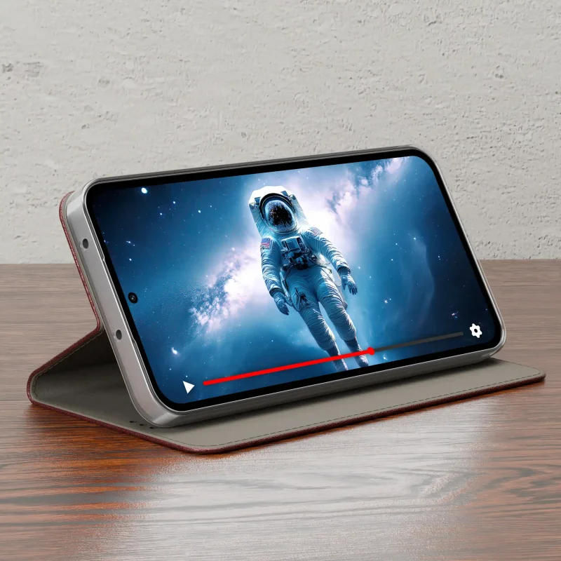 Realme 16 Pro 5G etui z klapką skórzane burgundowe - funkcja podstawki do oglądania filmów