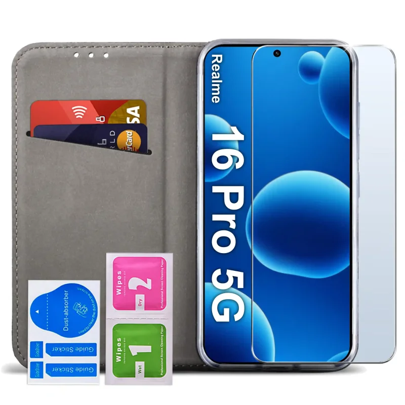 Realme 16 Pro 5G w granatowym etui z klapką skórzanym - wnętrze kieszonka na kartę i szkło hartowane