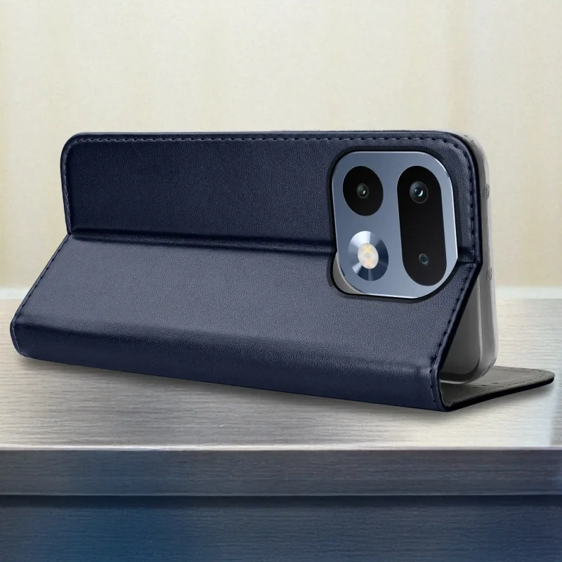 Pokrowiec z klapką do Realme 16 Pro 5G granatowy skórzany - funkcja stojaka